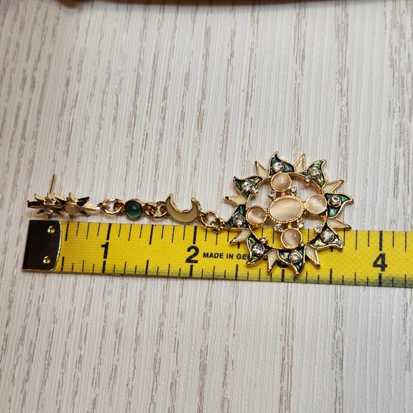 Crescent Moon Sun Dangle Post Earrings Gold Tone Cream Green Enamel Rhinestones - Picture 5 of 5